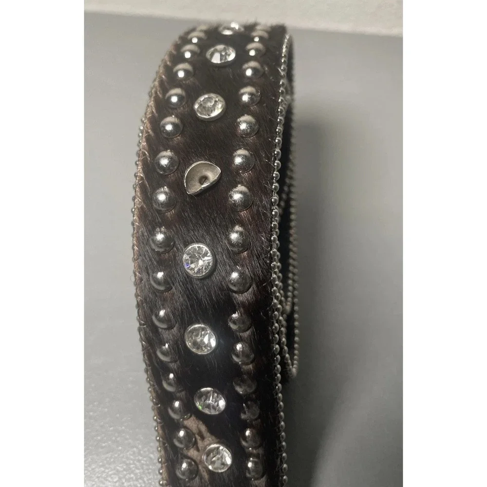 Nocona Belt Co. Mens Western Leather Brown Fur Silver Crystal Gem Belt No Buckle